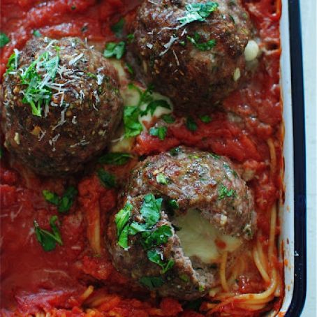 Giant Mozzarella-Stuffed Meatball and Pasta Bake