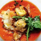 Tomato Soup with Arugula, Croutons, and Pecorino