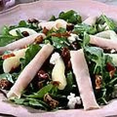 Smoked Turkey and Pear Salad with Pomegranate Vinaigrette and Prosciutto Croutons