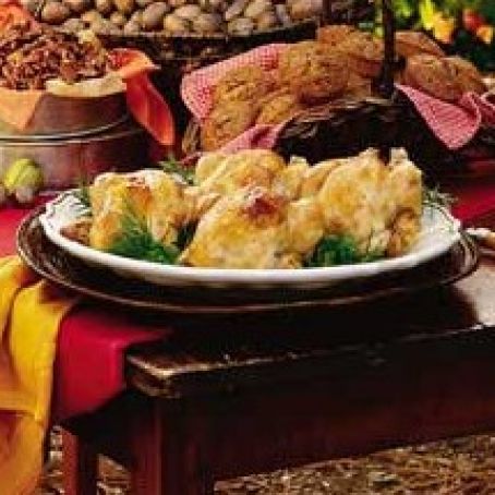 Cornish Hens with Spicy Pecan-Cornbread Stuffing