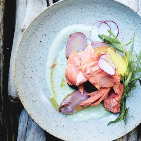 Roasted Salmon with Potatoes and Herbed Crème Fraîche