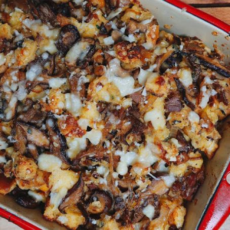 Cheesy Mushroom and Pancetta Bread Pudding  | SAVEUR