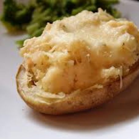 Pulled Chicken Stuffed into Baked Potatoes with Gravy