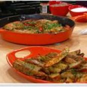 Chicken and Chorizo Skillet Supper with Thick-Cut Oven Fries in Garlic and Paprika Butter