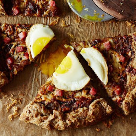 Ham, Gruyère, and Caramelized Onion Galette with a Fried Egg