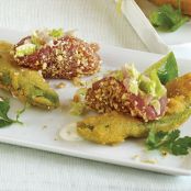 Inside-out fish tacos with fried avocado and corn nuts