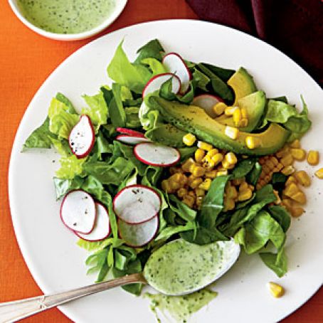 Roasted Corn and Radish Salad with Avocado-Herb Dressing (600 calories)