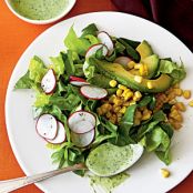 Roasted Corn and Radish Salad with Avocado-Herb Dressing (600 calories)