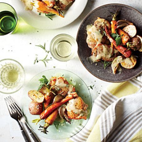 Chicken with mustard-white wine sauce and spring vegetables