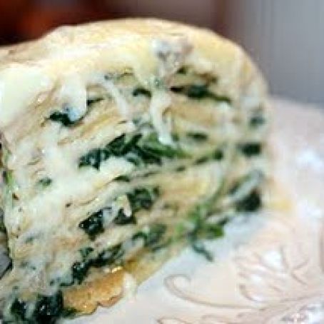 Gateau de Crepes a la Florentine (French Pancakes Filled with Cream Cheese, Spinach, and Mushrooms)