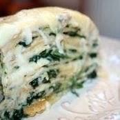 Gateau de Crepes a la Florentine (French Pancakes Filled with Cream Cheese, Spinach, and Mushrooms)