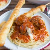 Cheesy Slow-Cooker Meatballs and Twisted Garlic Bread Skewers