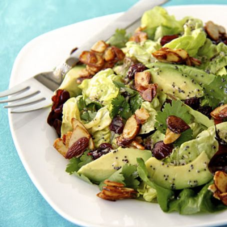 Cranberry-Avocado Salad with Candied Spiced Almonds and Sweet White Balsamic Vinaigrette