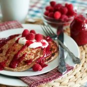 Whole Grain Pancakes with Raspberry Sauce and Coconut Whipped Cream