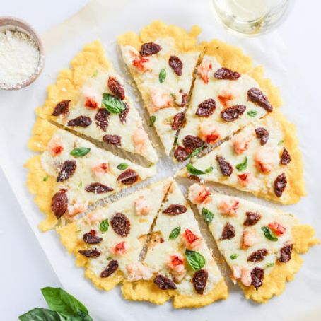 Lobster Polenta Pizza with Sun Dried Cherry Tomatoes