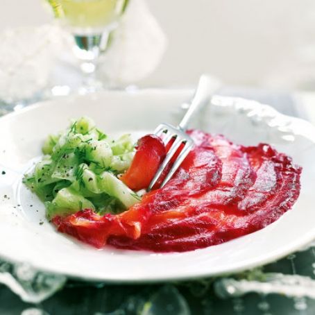 Beetroot and vodka-cured salmon with pickled cucumber salad recipe