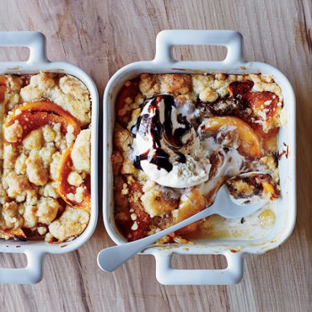 Roasted Peach Cobbler with Vanilla Ice Cream and Balsamic Syrup