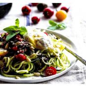Zucchini Pasta with Fresh Tomato Sauce, poached egg