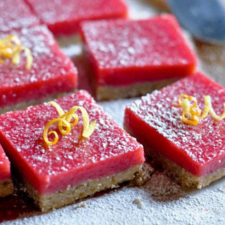 Cranberry Curd Bars with Walnut Shortbread Crust    Candied Lemon Peel