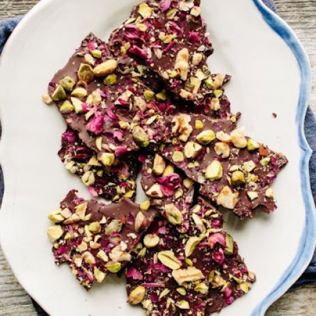 Chocolate Bark with Pistachios, Rose Petals & Walnuts (Passover)