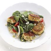 Spinach and Artichoke Salad with Couscous Cakes and Feta