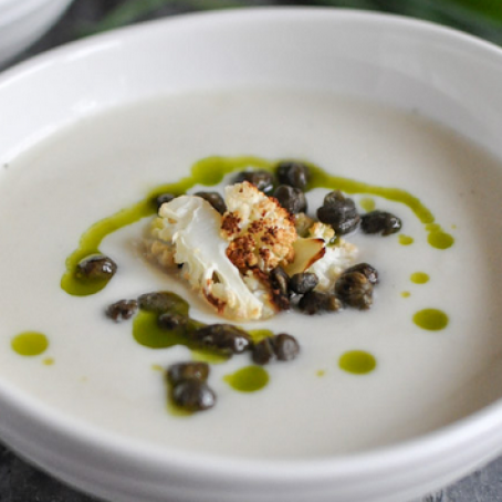 Creamy Cauliflower Soup with Crispy Capers and Chive Oil
