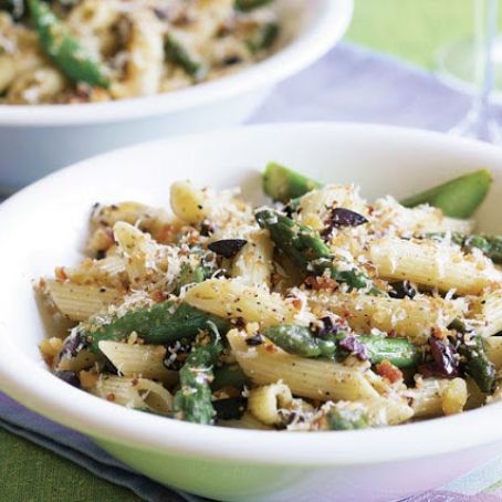 Penne with Asparagus, Olives & Parmigiano Breadcrumbs