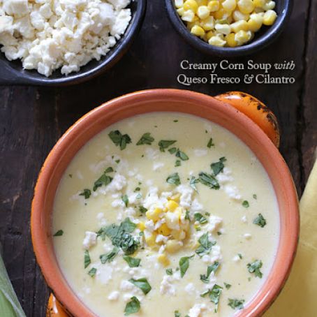 Skinny Creamy Corn Soup with Queso Fresco and Cilantro