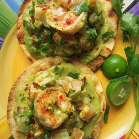 Grilled Shrimp Tostadas with a Creamy Tomatillo Avocado Salsa