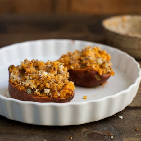 Twice Baked Blue Cheese and Quinoa Sweet Potato with Maple-Mustard Arugula Salad