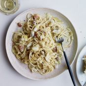 Spaghetti with Corn Carbonara and Crab
