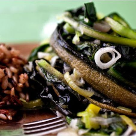 STIR FRIED LEEKS w/AMARANTH & GREEN GARLIC