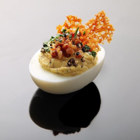 Deviled Eggs Carbonara (With Crispy Pancetta, Pork Fat, Parmesan Crisps, and Black Pepper)