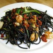 Squid Ink Spaghetti with Rock Shrimp and Sppressata