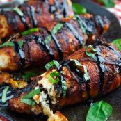 Bacon Wrapped Roasted Red Pepper and Goat Cheese Stuffed Chicken with Balsamic Drizzle and Basil