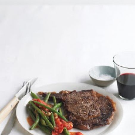 Beef: Rib Eye Steaks with Sauteed Green Beans and Tomatoes