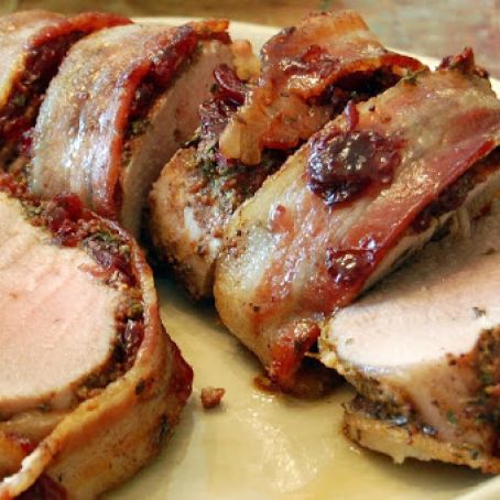 Bacon-Wrapped Pork Tenderloin with Cherries