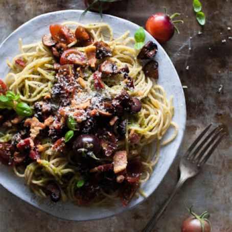 Pesto Pasta with Crispy Salt Pork, Sauteed Mushrooms, & Balsamic Tomatoes