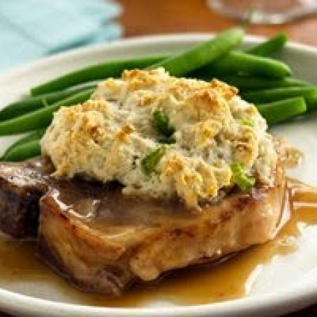 Gravy Pork Chops with Stuffing Biscuits
