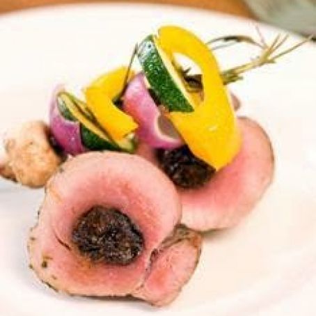 Stuffed Pork Tenderloin with Carrot and Kohlrabi Salad and Rosemary and Vegetable Kebabs