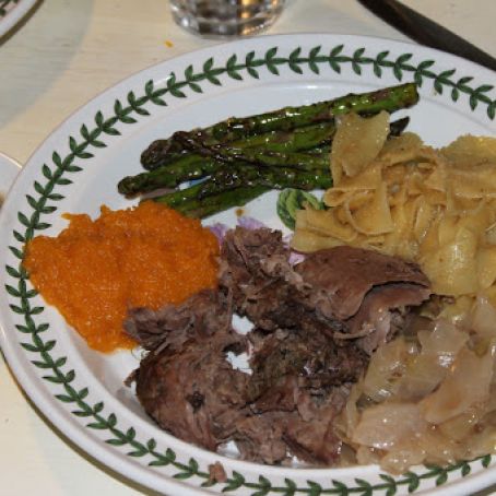 Leg of Lamb, Sweet and Sour Cabbage, Rosemary Noodles, Squash, Asparagus, Strawberries & Blackberries