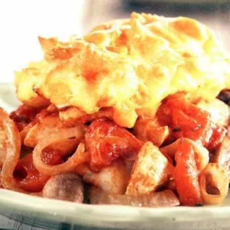 Chicken and Mushroom Casserole with Cheese Puff Topping