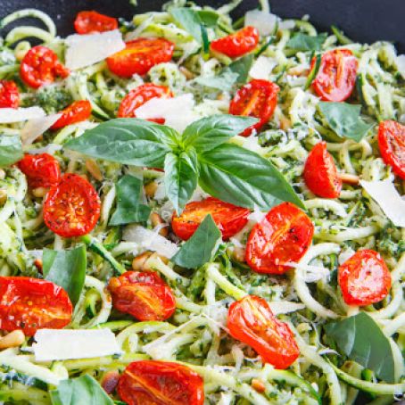 Pesto Zucchini Noodles with Roasted Tomatoes and Grilled Chicken