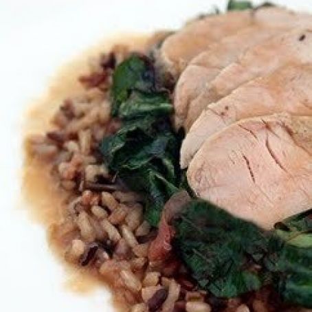 PORK ROASTED TENDERLOIN WITH APPLE SAUCE, APPLED WILD RICE, AND GREENS