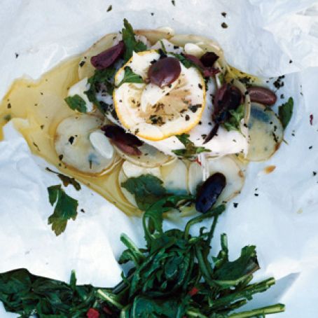 Black Cod with Olives and Potatoes in Parchment