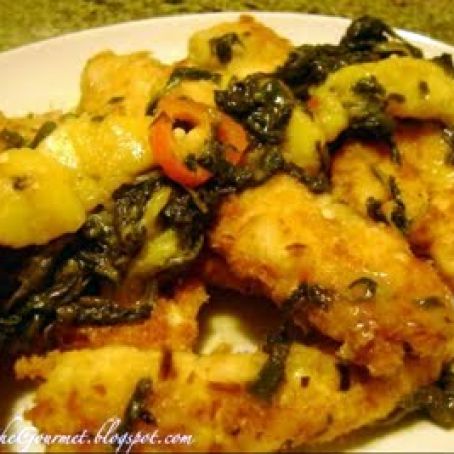 Coconut Chicken Strips with Peaches & Spinach!!