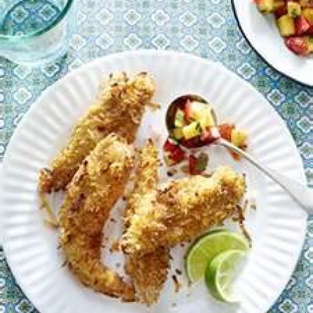 Baked Coconut Tenders with Strawberry-Mango Salsa