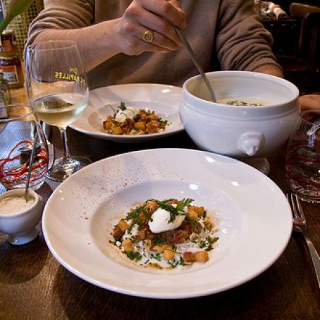 French Cauliflower Soup with Bacon and Herb Garnish