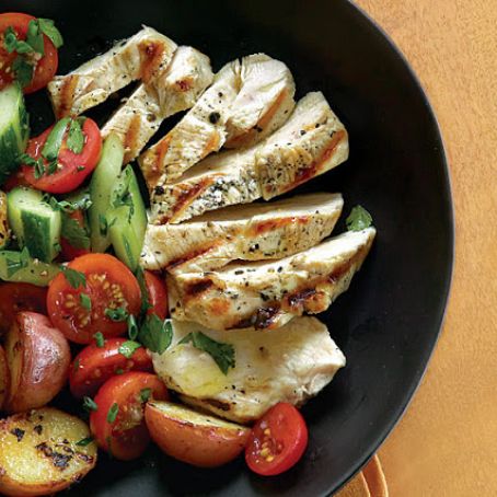 Grilled Chicken and Potatoes with Tomato and Cucumber Salad