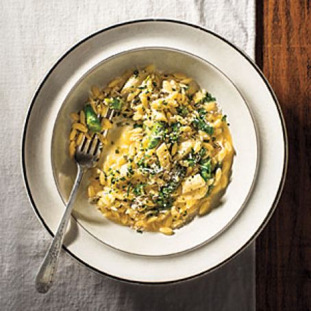 Orzo with Green and White Asparagus